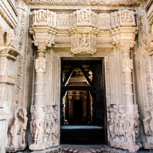 the eEntrance to the mandapa. the lintel shows a gariday and the top panel just aboive it has the trinity. the river devis are at te base of the door jambs